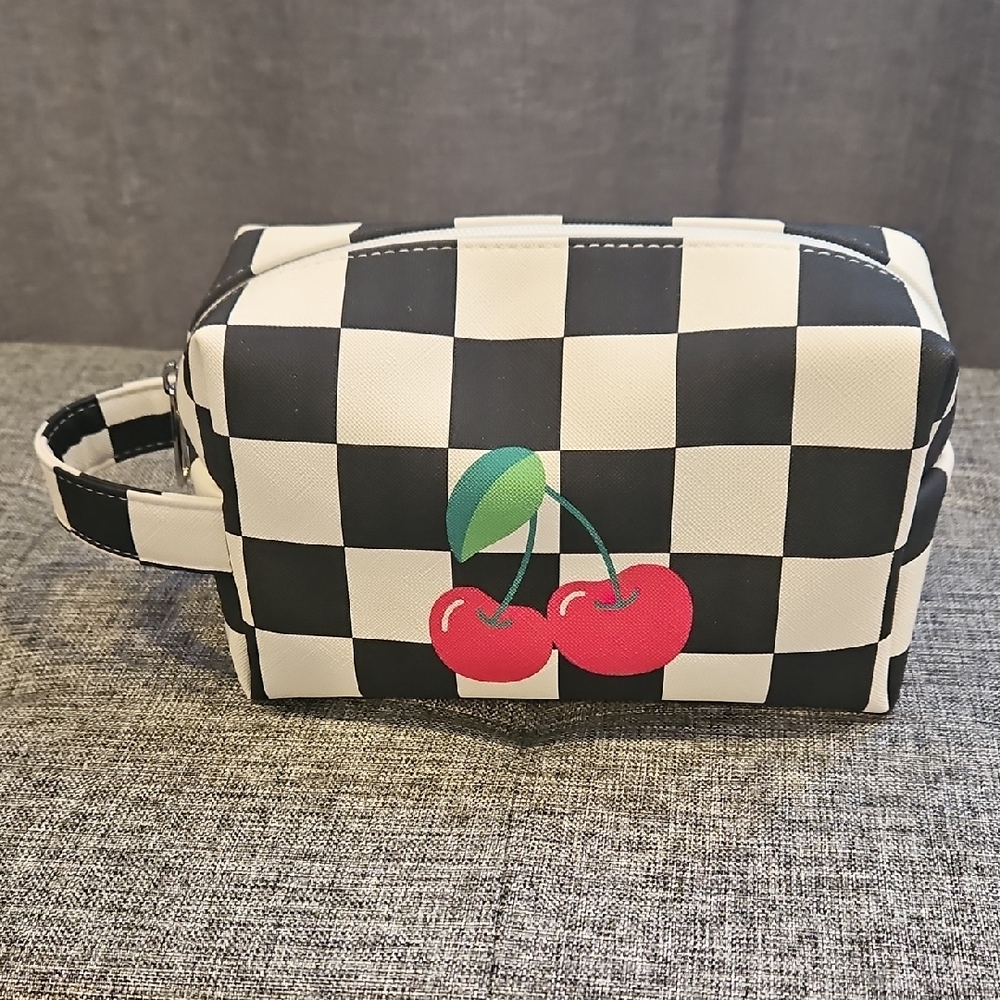 Checkered Black and White Cosmetic Bag with Cherry Graphic